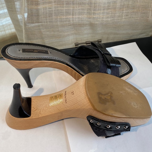 Louis Vuitton Mules BLACK monograM MINI LIN GRENADINE leather 37 heels PLATFORM - Picture 2 of 10